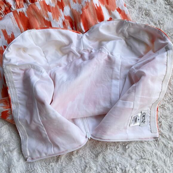 Cache strapless coral orange abstract print mini dress ruffle hem Y2K vintage 4 - Picture 7 of 16